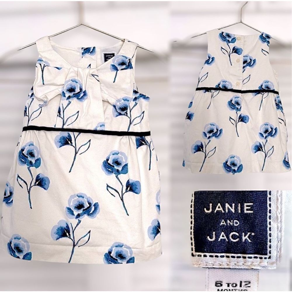 Janie And Jack Dress French Blue Floral Shift w/Bow Neck 6-12 Months